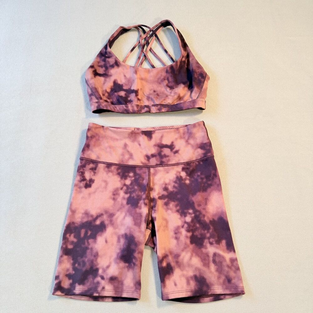 VICTORIA'S SECRET SET  Workout Pink Purple Tie Dye Cross Top & Biker Shorts SZ M